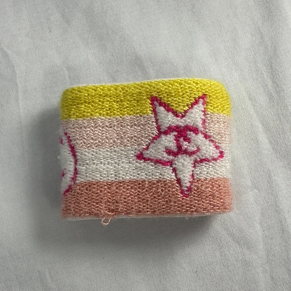 CHANEL Pink White Yellow Striped Knit Wrist Cuff with CC Heart Logo